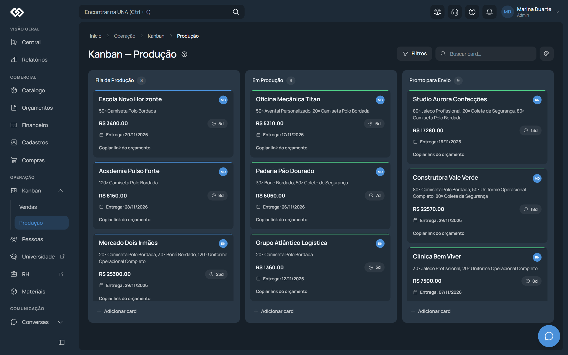 Quadro Kanban de produção da UNA